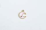 Crescent Moon Charm, Gold Toned, Pink Enamel Celestial Pendants, 16mm x 13mm - 5 pieces (1346)