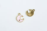 Crescent Moon Charm, Gold Toned, Pink Enamel Celestial Pendants, 16mm x 13mm - 5 pieces (1346)