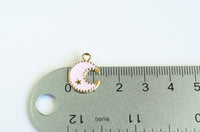 Crescent Moon Charm, Gold Toned, Pink Enamel Celestial Pendants, 16mm x 13mm - 5 pieces (1346)