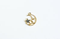 Sleeping Crescent Moon Charm, Gold Tone, Grey Enamel Star, 19mm x 15mm - 5 pieces (1349)