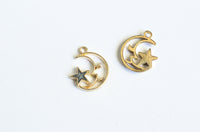 Sleeping Crescent Moon Charm, Gold Tone, Grey Enamel Star, 19mm x 15mm - 5 pieces (1349)