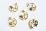 Sleeping Crescent Moon Charm, Gold Tone, Grey Enamel Star, 19mm x 15mm - 5 pieces (1349)