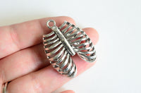 1 Rib Cage Pendant, Antique Silver Tone 3d Charm, 40mm x 31mm (SLC01)