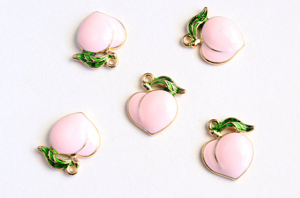Peach Charms, Light Pink Enamel Fruit Pendant, 17mm x 15mm - 5 pieces (1414)