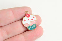 Cupcake Charms, Cherry Topped Desert, Pink and Teal Enamel, 22mm x 17mm - 5 pieces (1482)