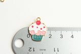 Cupcake Charms, Cherry Topped Desert, Pink and Teal Enamel, 22mm x 17mm - 5 pieces (1482)