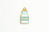 Milk Bottle Charms, Blue White Enamel, Gold Toned Metal, 27mm x 13mm - 5 pieces (1485)