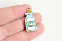 Milk Bottle Charms, Blue White Enamel, Gold Toned Metal, 27mm x 13mm - 5 pieces (1485)