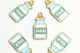 Milk Bottle Charms, Blue White Enamel, Gold Toned Metal, 27mm x 13mm - 5 pieces (1485)