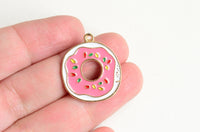 Donut Charms, Pink Frosting With Sprinkles, Gold Toned, 24mm x 21mm - 4 pieces (1486)