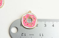 Donut Charms, Pink Frosting With Sprinkles, Gold Toned, 24mm x 21mm - 4 pieces (1486)