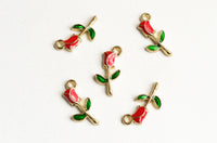 Red Rose Bud Charm, Enamel Flower Pendant, 17mm x 9mm - 5 pieces (1488)