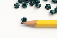 Tiny Dark Green Aluminum Rose Beads,  Metal Flower Cabochons, 6mm x 4mm - 30 pieces (1524)