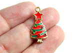 5 Christmas Tree Charms With Red Star and Colorful Rhinestone Accents, Gold Tone, 23x11mm (1844)